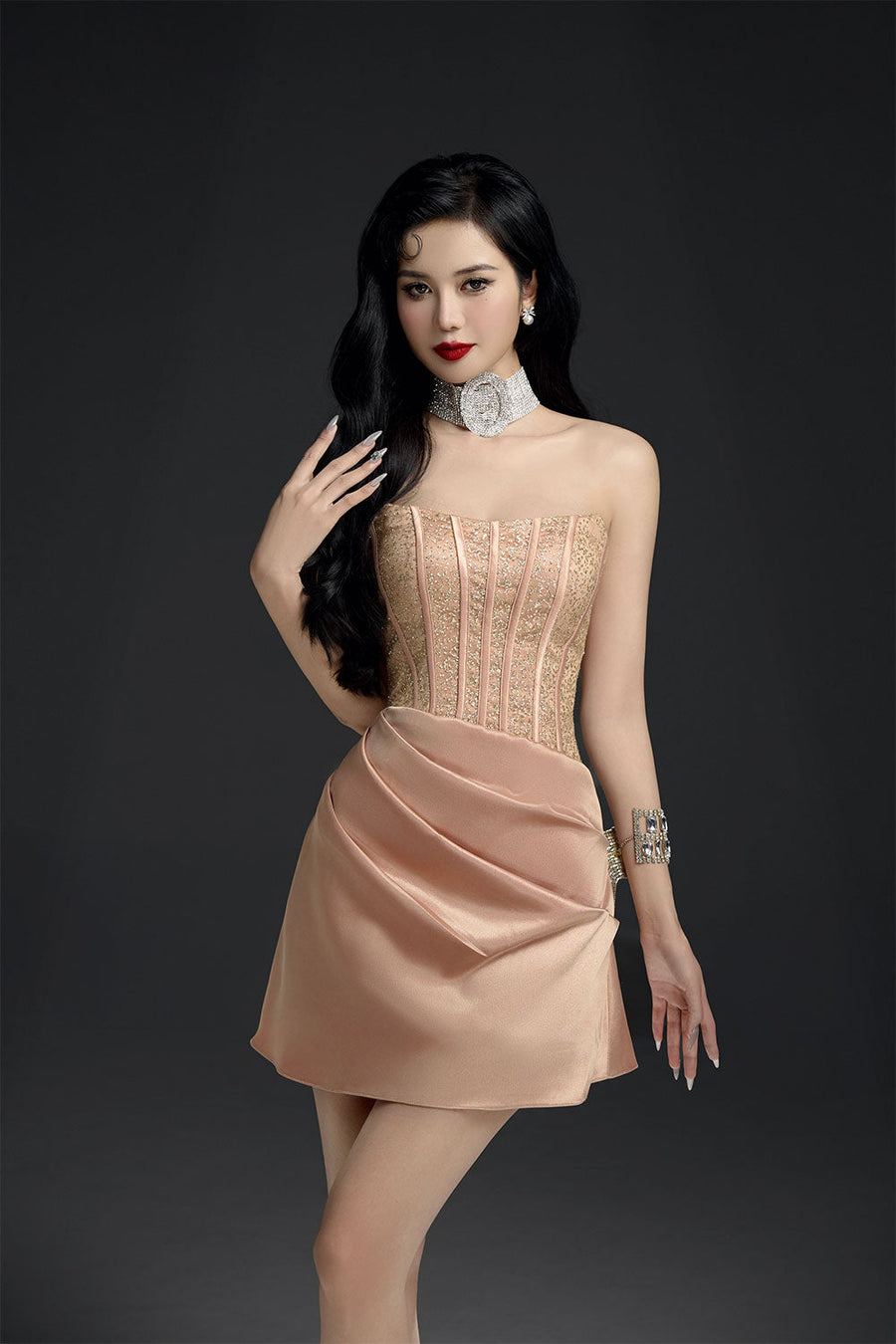 Diamond Veil A-line Waist Pleated Mesh Sequin Mini Dress 4