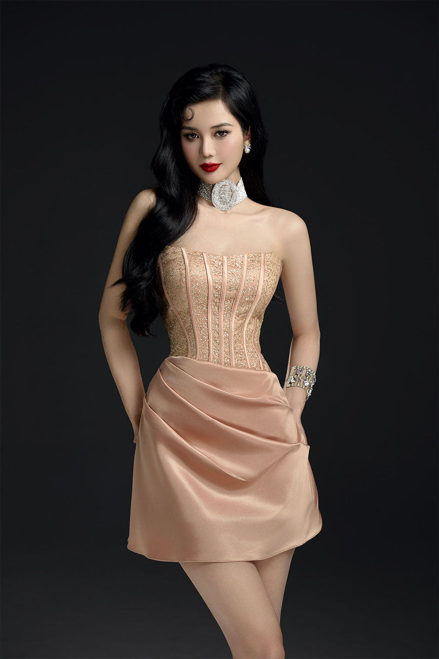 Diamond Veil A-line Waist Pleated Mesh Sequin Mini Dress 2