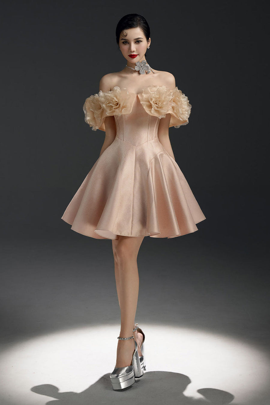 Majesstic Fit and Flare Floral Nacre Taffeta Mini Dress 12