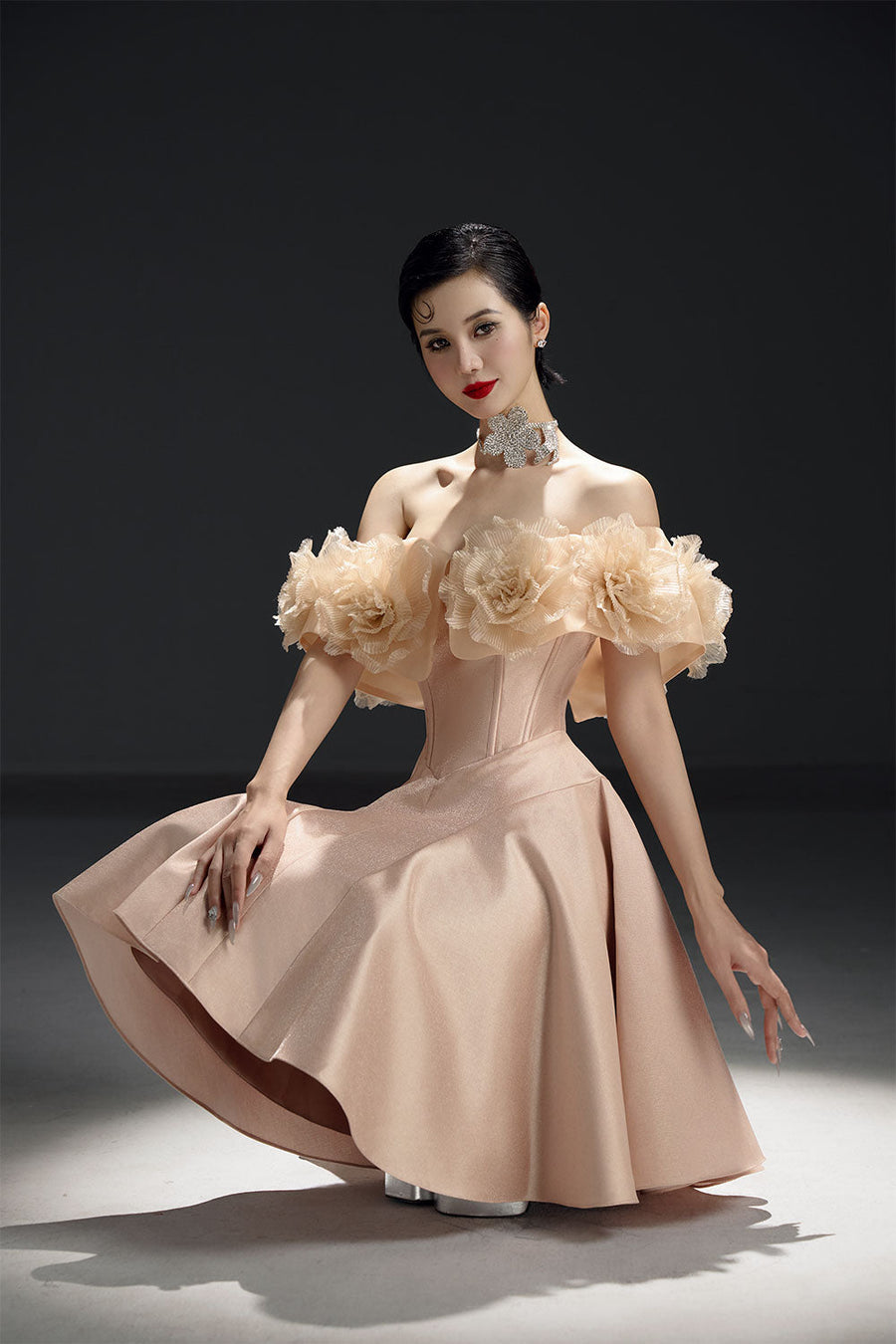 Majesstic Fit and Flare Floral Nacre Taffeta Mini Dress 15
