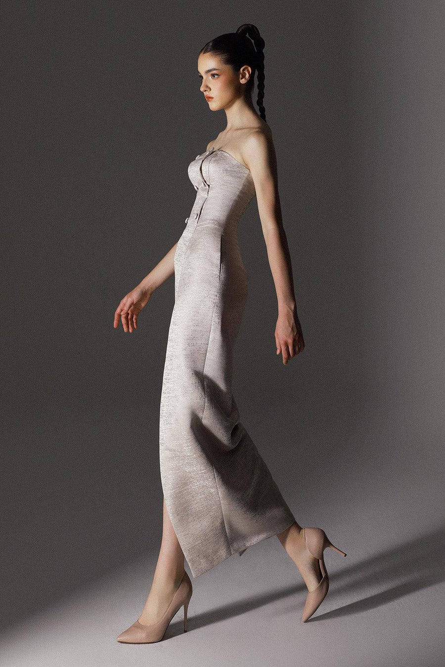 Ritz Slit Straight Across Neck Brocade Ankle Length Dress 4