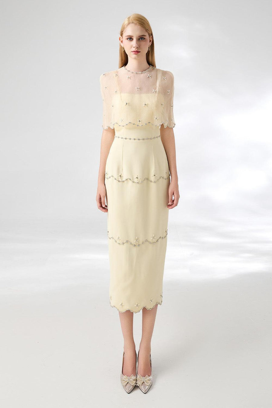 Rivera Sheath Cape Shoulder Mesh Taffeta Midi Set 7