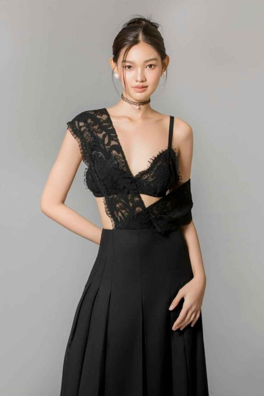 Rivka Pleated V-Neck Poly Wool Ankle Length Dress