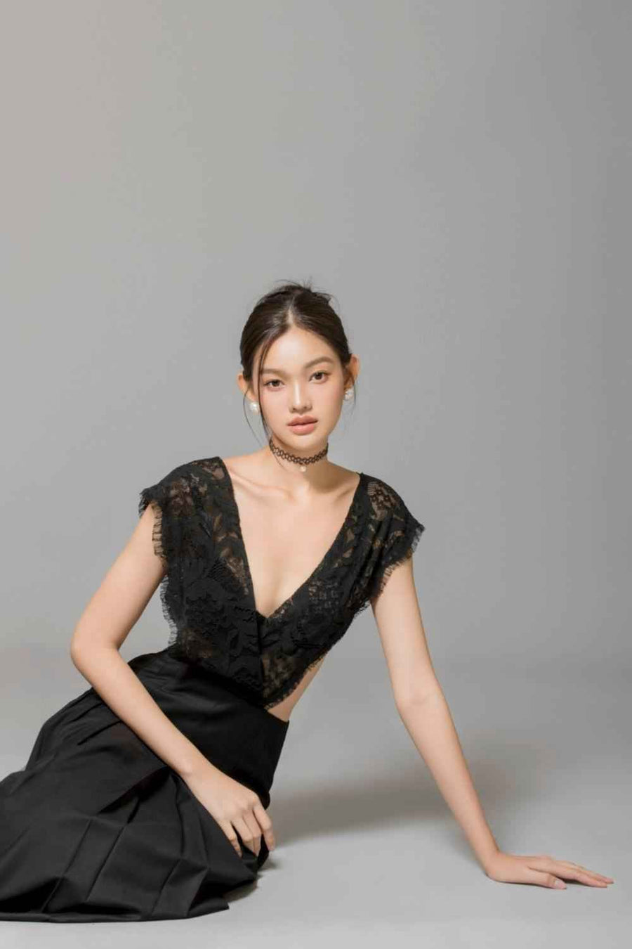 Rivka Pleated V-Neck Poly Wool Ankle Length Dress