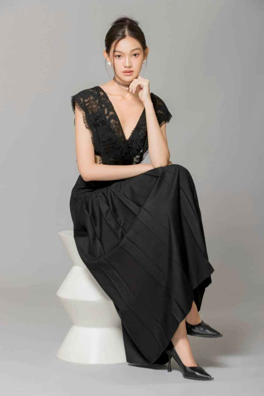 Rivka Pleated V-Neck Poly Wool Ankle Length Dress