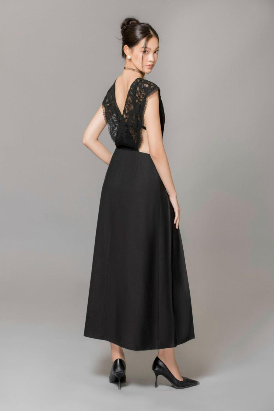 Rivka Pleated V-Neck Poly Wool Ankle Length Dress 7