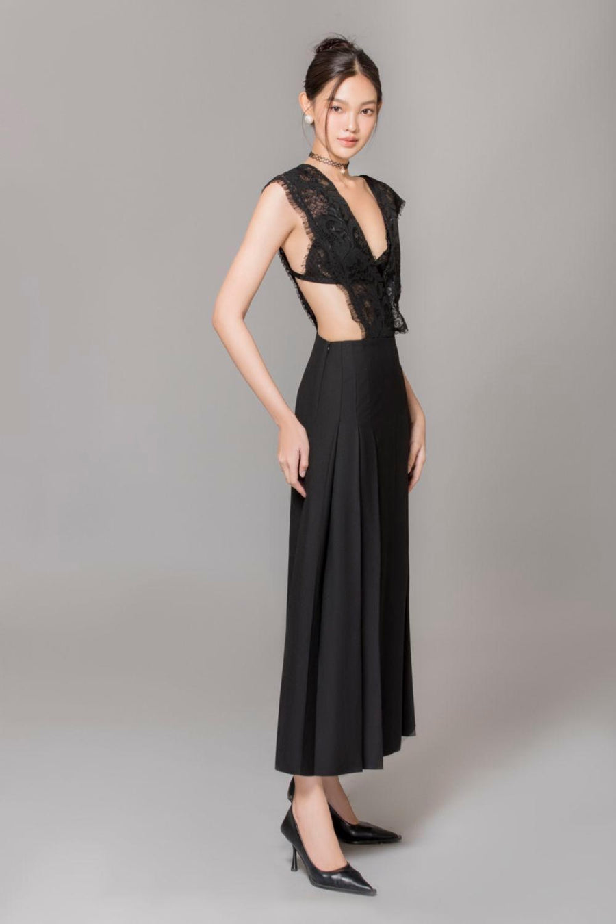 Rivka Pleated V-Neck Poly Wool Ankle Length Dress 8