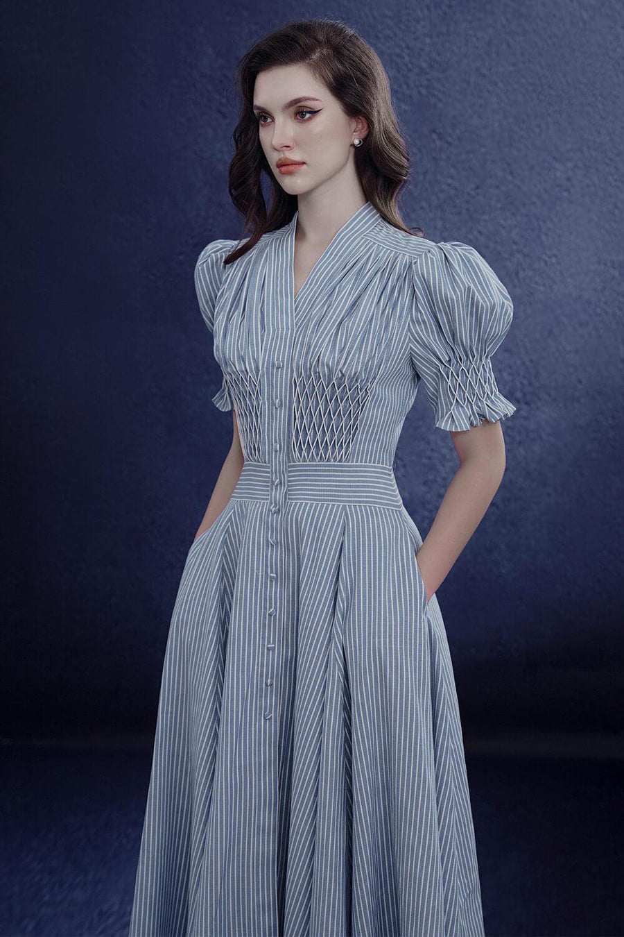 Rogueara A-line V-Neck Raw Fabric Midi Dress Blue Midi Dress Rosee de Matin