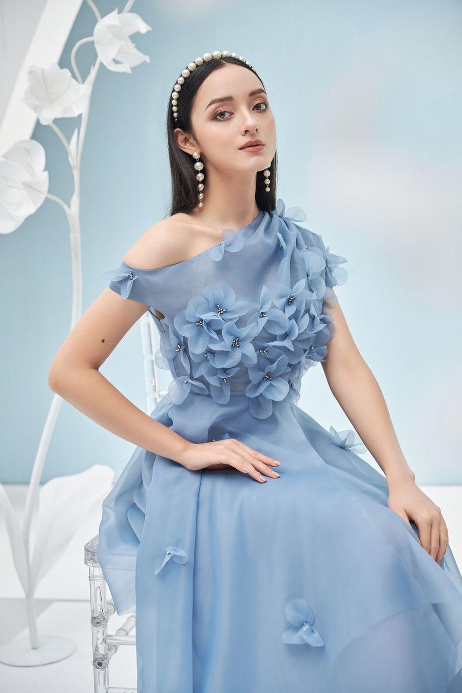 Rosalie Layered Asymmetric Shoulder Organza Maxi Dress 10