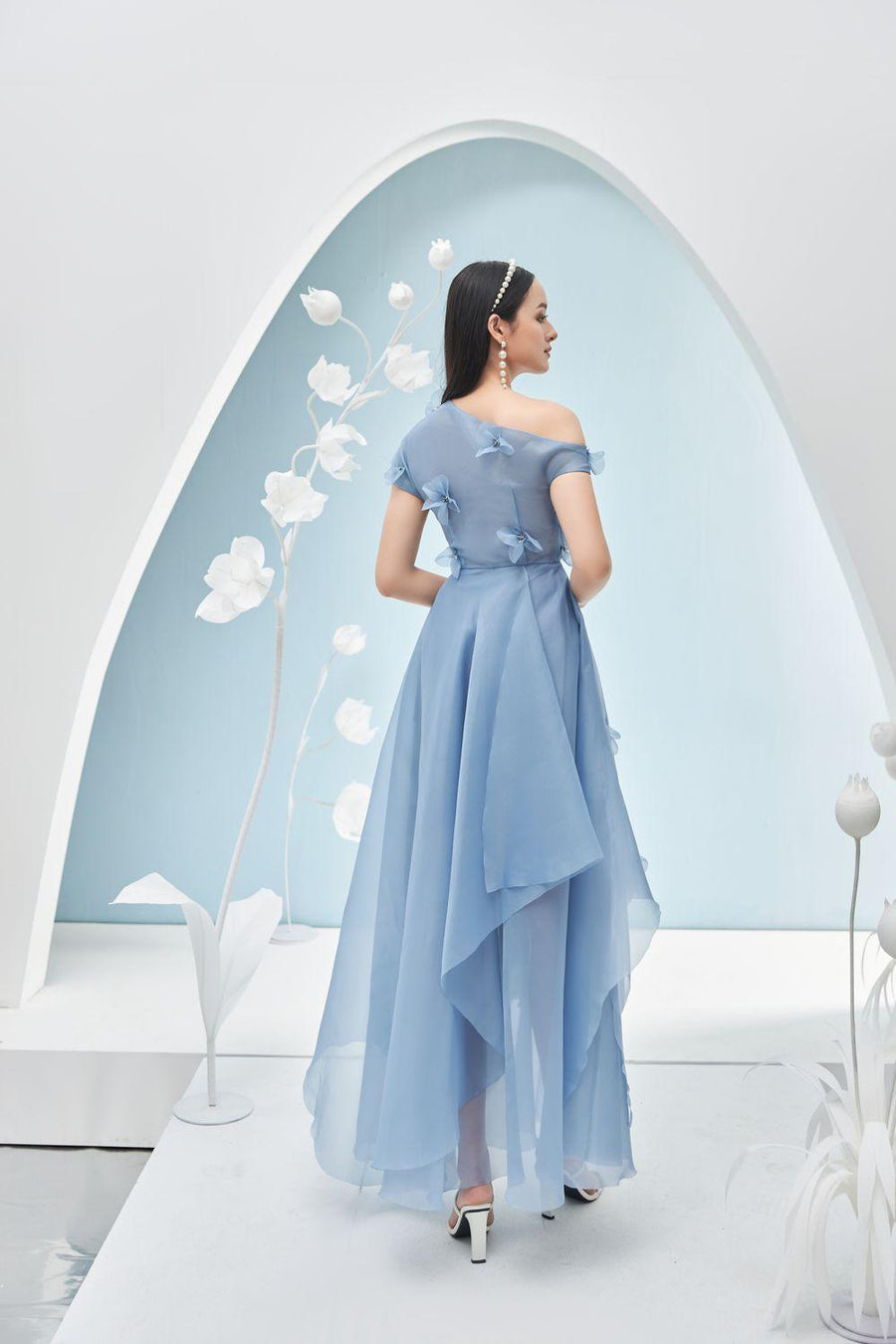 Rosalie Layered Asymmetric Shoulder Organza Maxi Dress 11