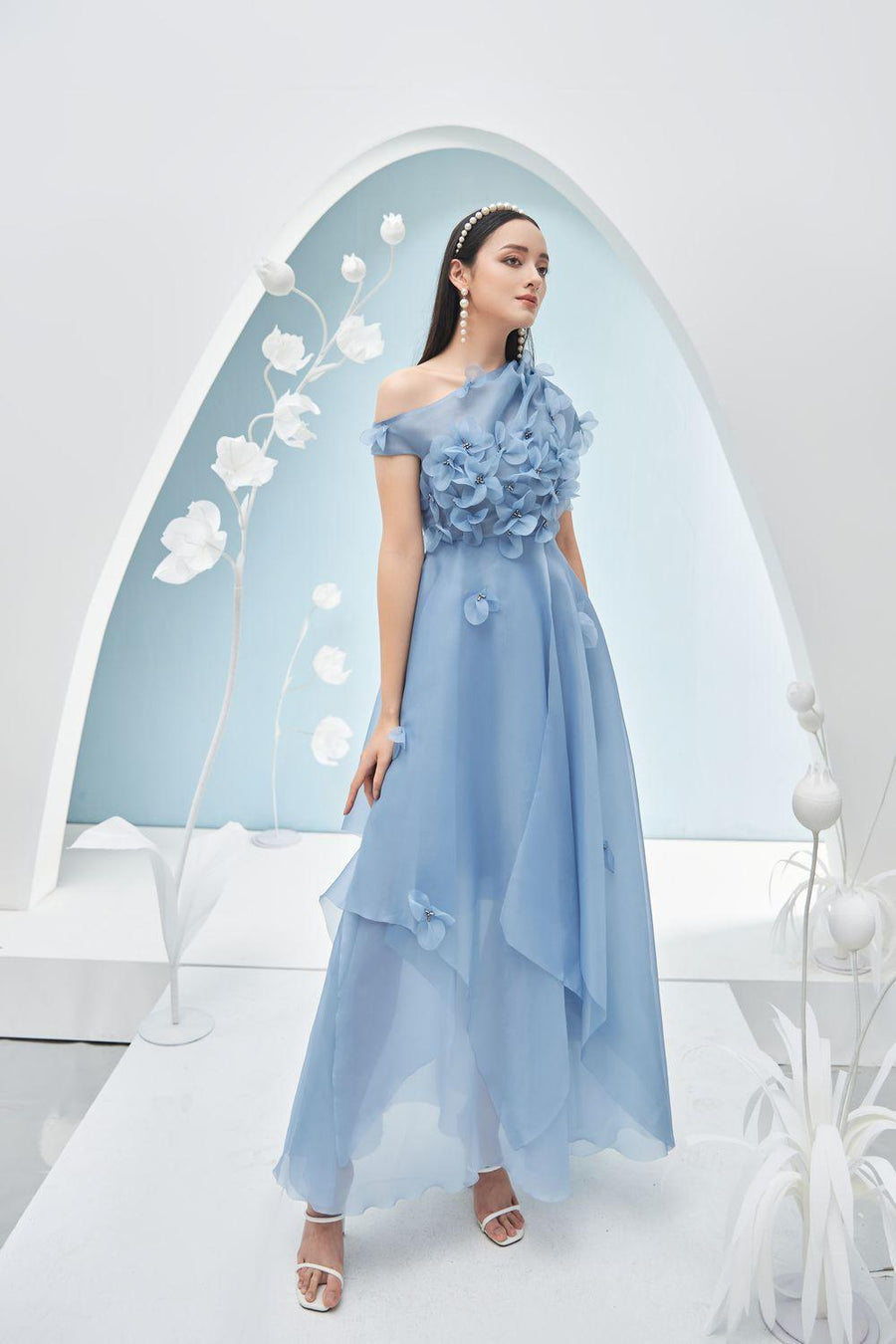Rosalie Layered Asymmetric Shoulder Organza Maxi Dress 12
