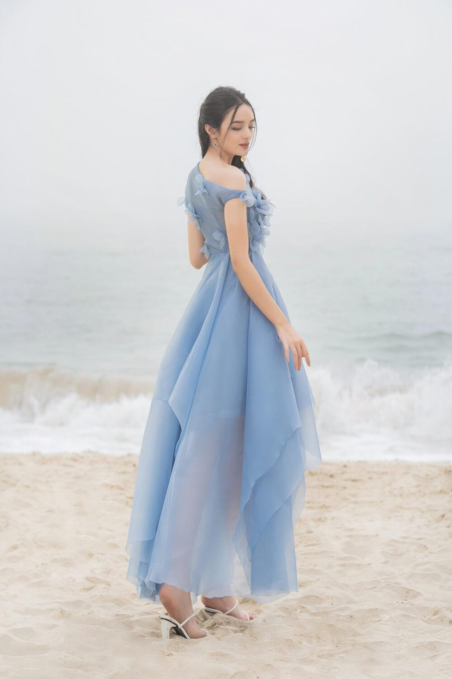 Rosalie Layered Asymmetric Shoulder Organza Maxi Dress 4