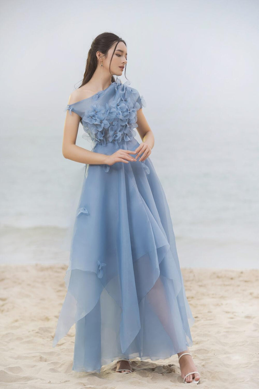 Rosalie Layered Asymmetric Shoulder Organza Maxi Dress 5