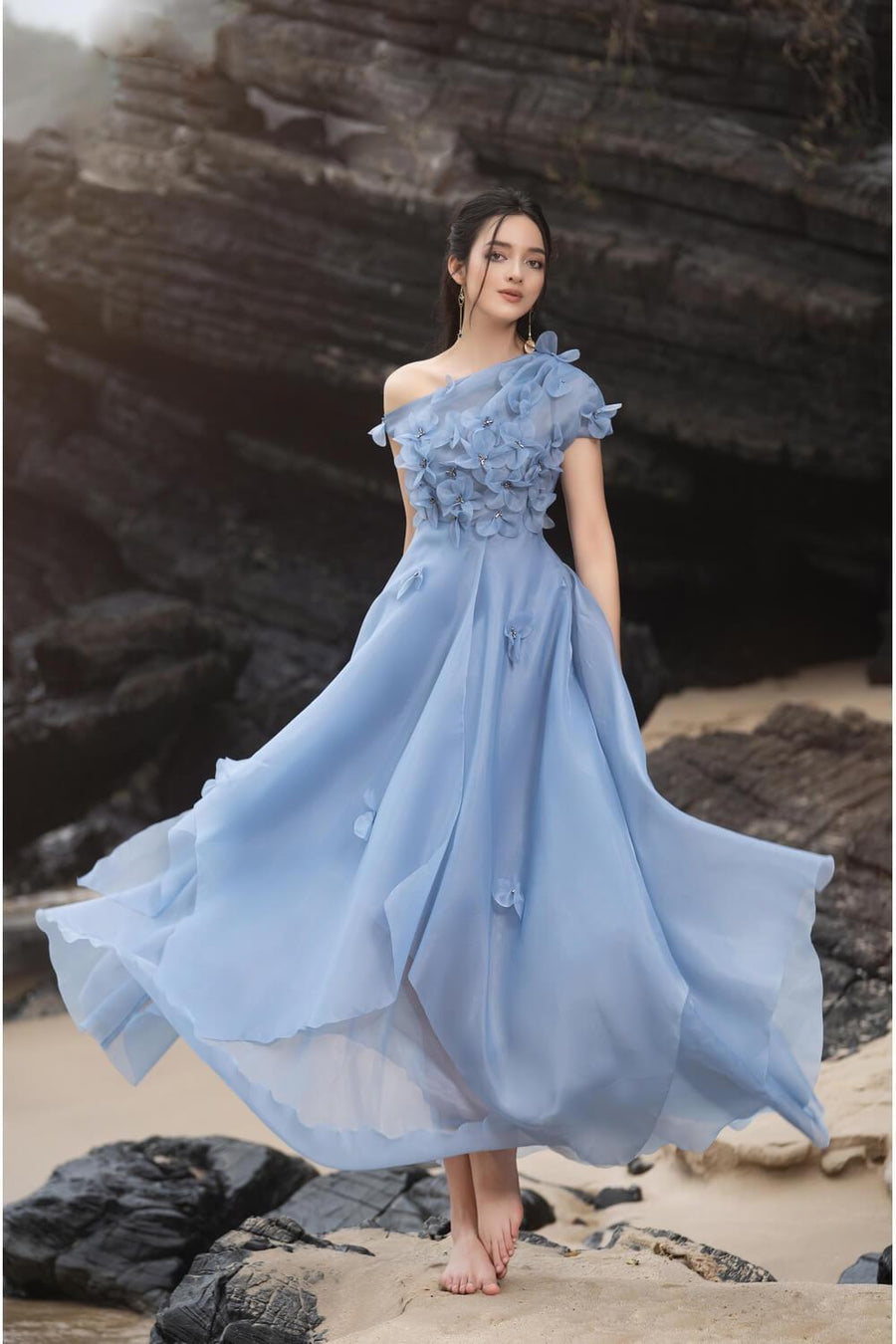 Rosalie Layered Asymmetric Shoulder Organza Maxi Dress 6