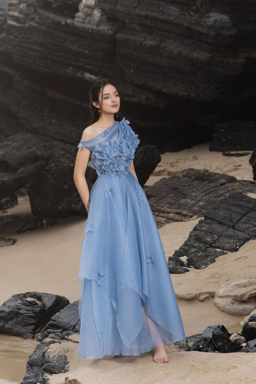 Rosalie Layered Asymmetric Shoulder Organza Maxi Dress 7