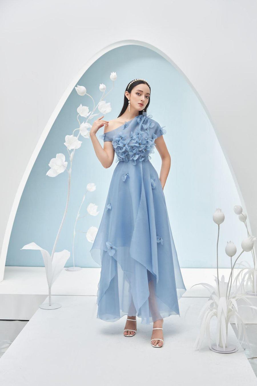 Rosalie Layered Asymmetric Shoulder Organza Maxi Dress 8