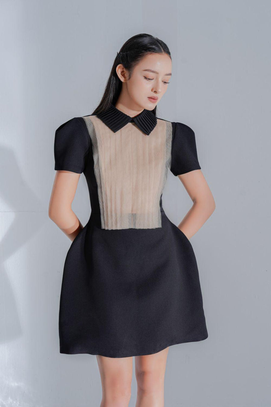 Rosaline A-line Collared Neck Cotton Polyester Mini Dress Mini Dress LAMORIS