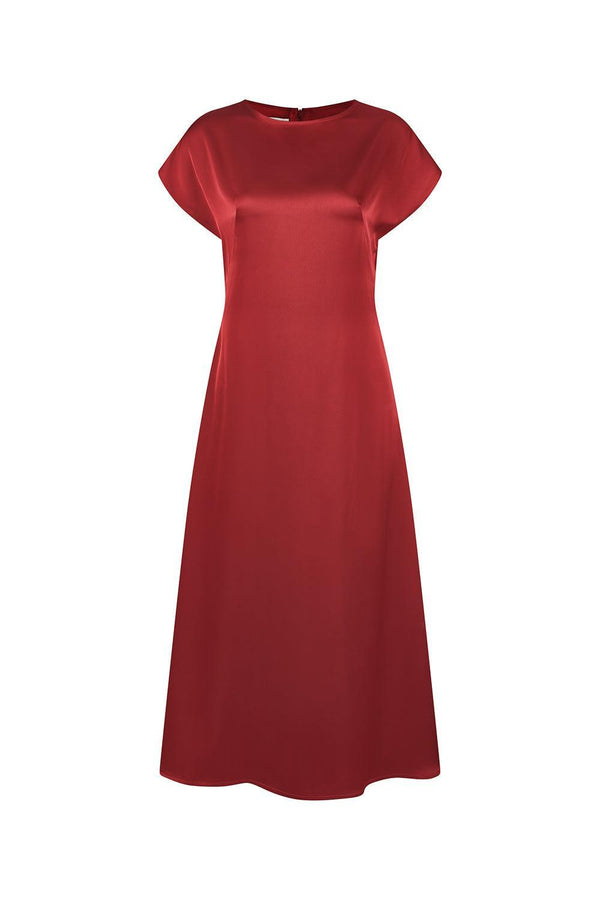 Rose A-line Round Neck Poly Silk Calf Length Dress