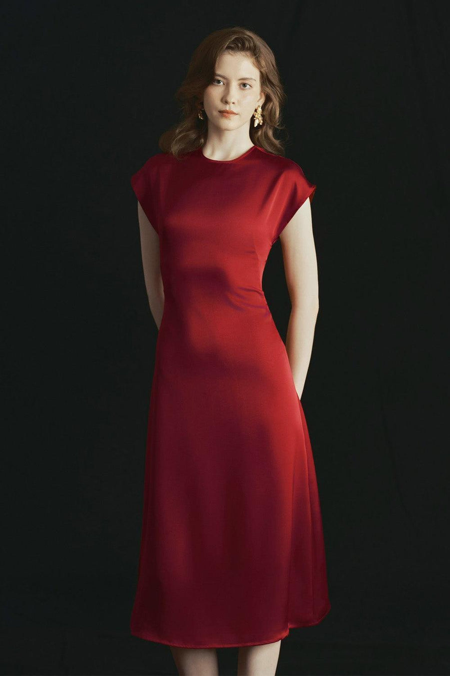 Rose A-line Round Neck Poly Silk Calf Length Dress 2
