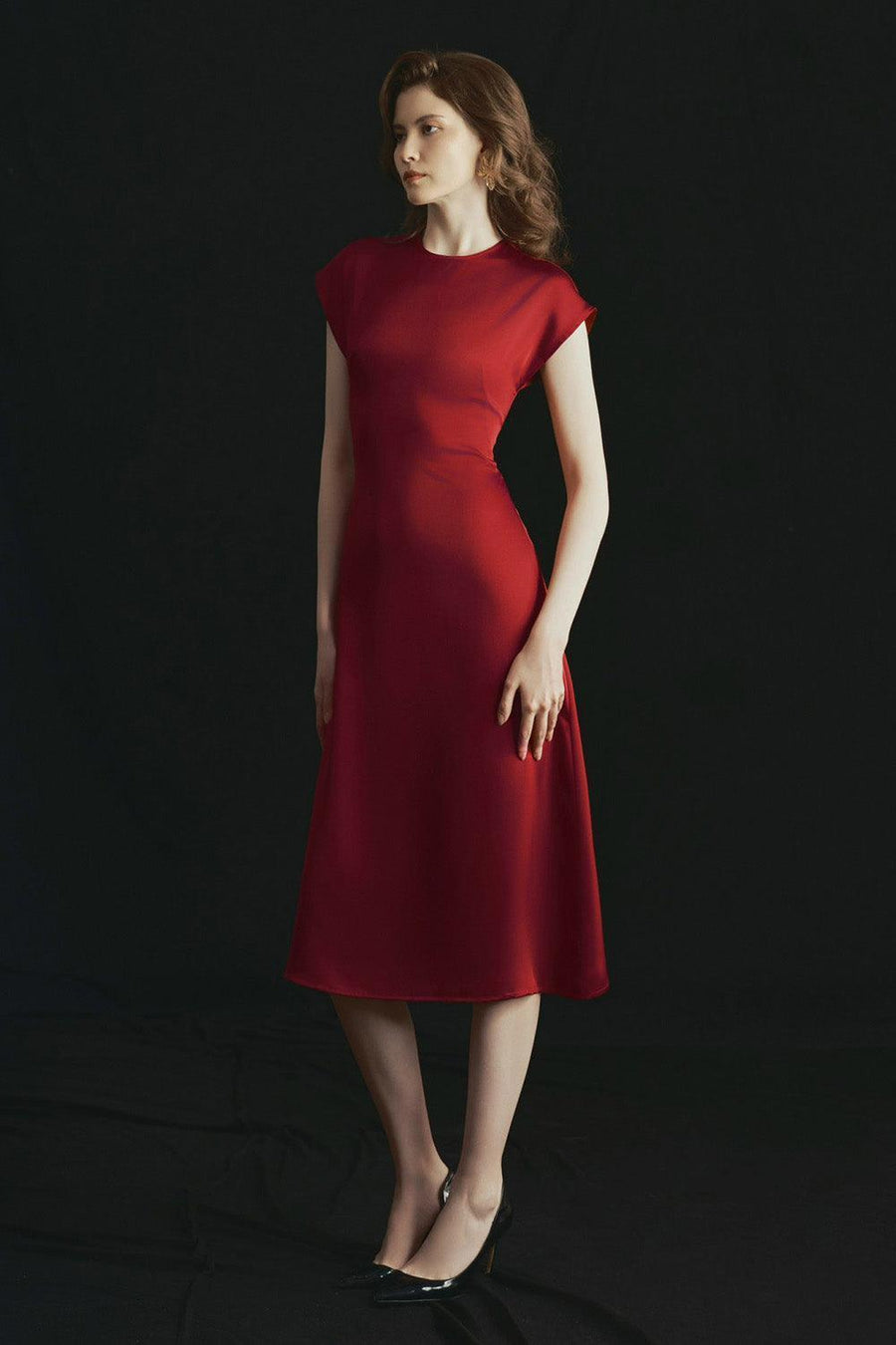 Rose A-line Round Neck Poly Silk Calf Length Dress 4