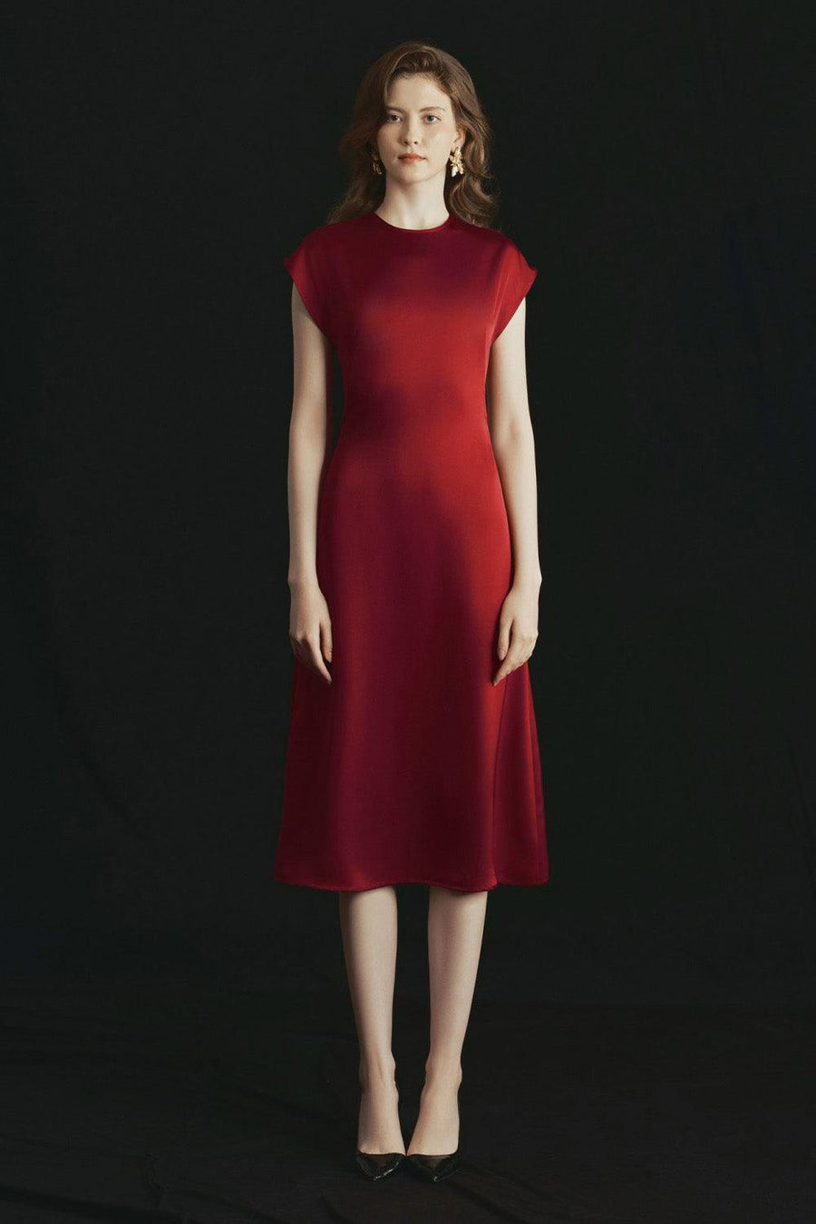 Rose A-line Round Neck Poly Silk Calf Length Dress 5