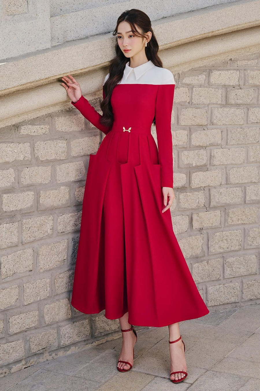 Rossa A-line Collared Neck Cotton Polyester Midi Dress Midi Dress Larmes