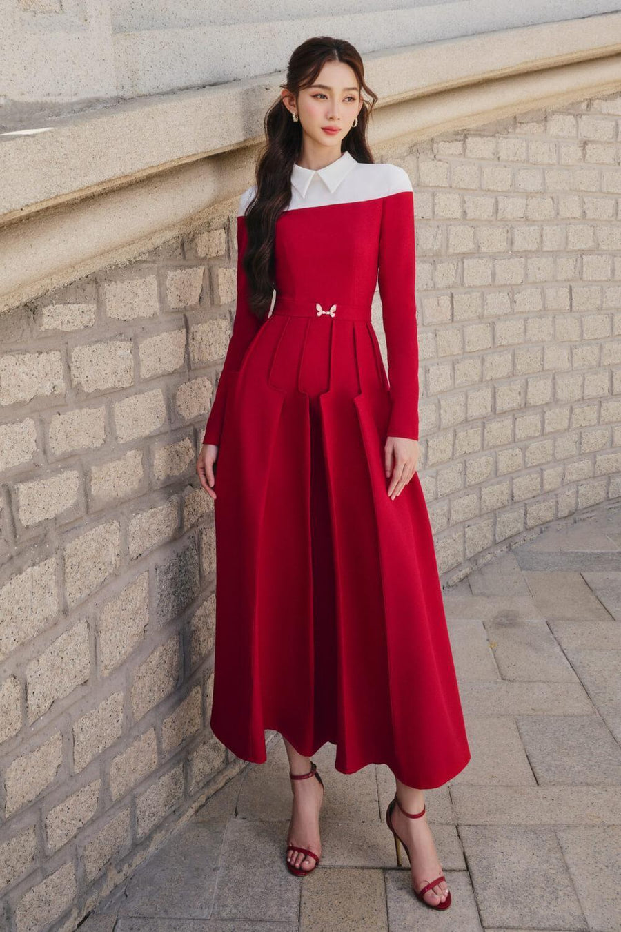 Rossa A-line Collared Neck Cotton Polyester Midi Dress Midi Dress Larmes
