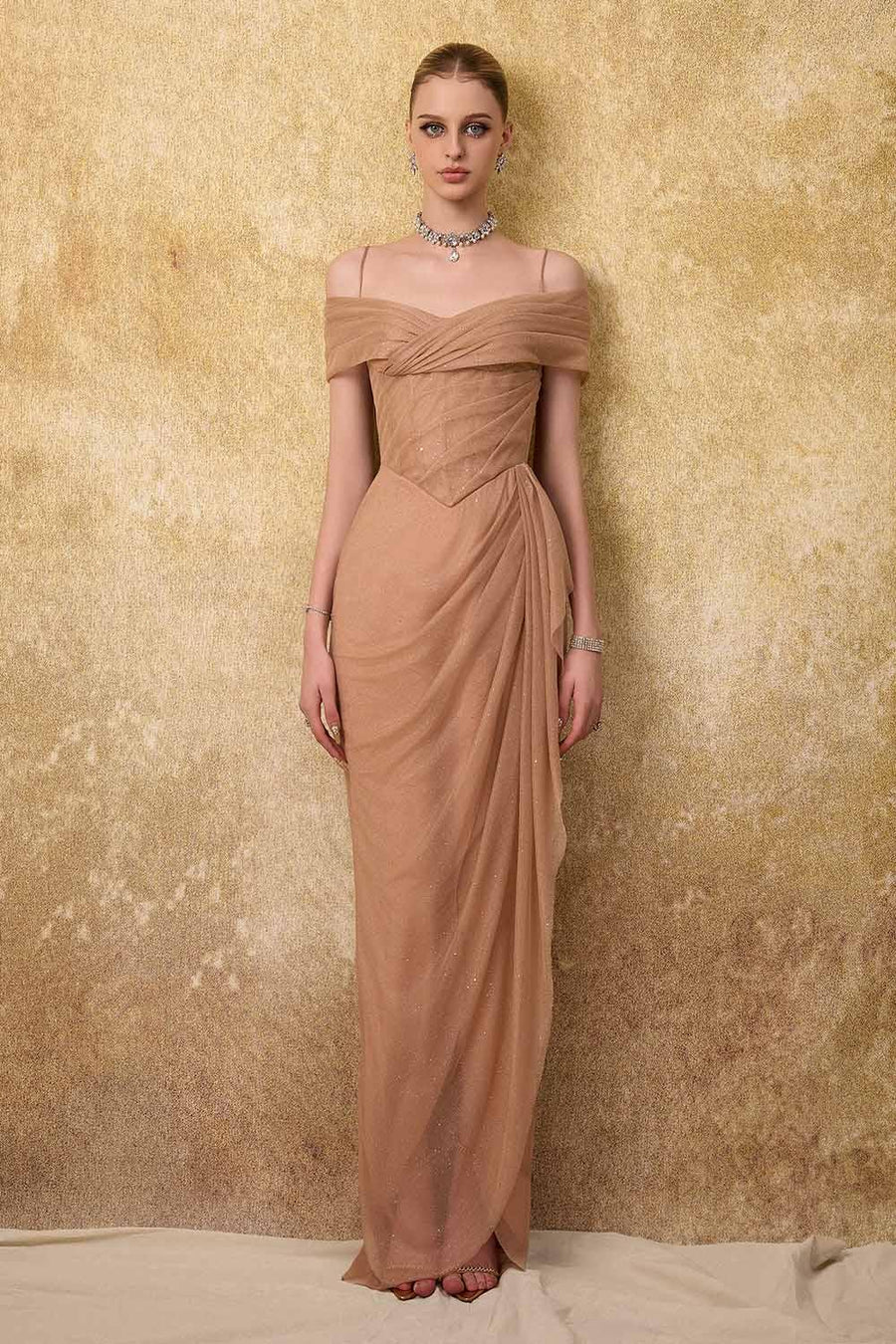 Royau Sarong Cold Shoulder Sleeved Mesh Sequin Floor Length Dress Gown Dress Calista de Minh Thanh