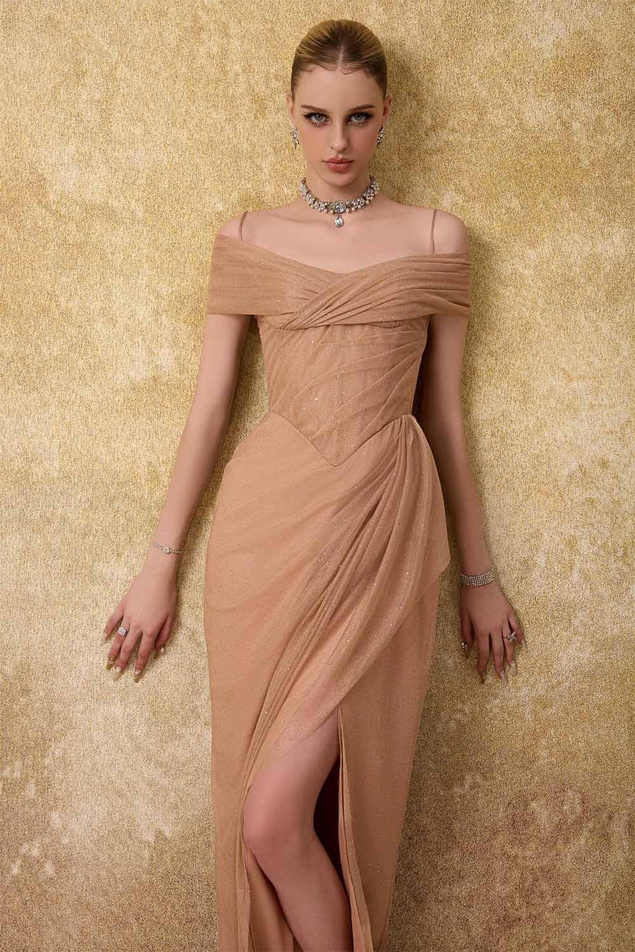Royau Sarong Cold Shoulder Sleeved Mesh Sequin Floor Length Dress Gown Dress Calista de Minh Thanh