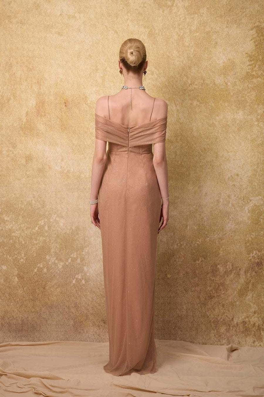 Royau Sarong Cold Shoulder Sleeved Mesh Sequin Floor Length Dress Gown Dress Calista de Minh Thanh