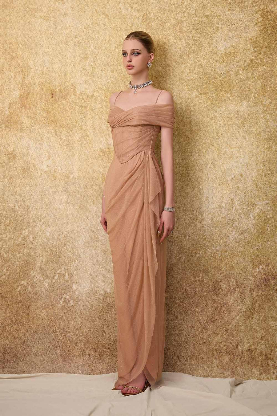 Royau Sarong Cold Shoulder Sleeved Mesh Sequin Floor Length Dress Gown Dress Calista de Minh Thanh