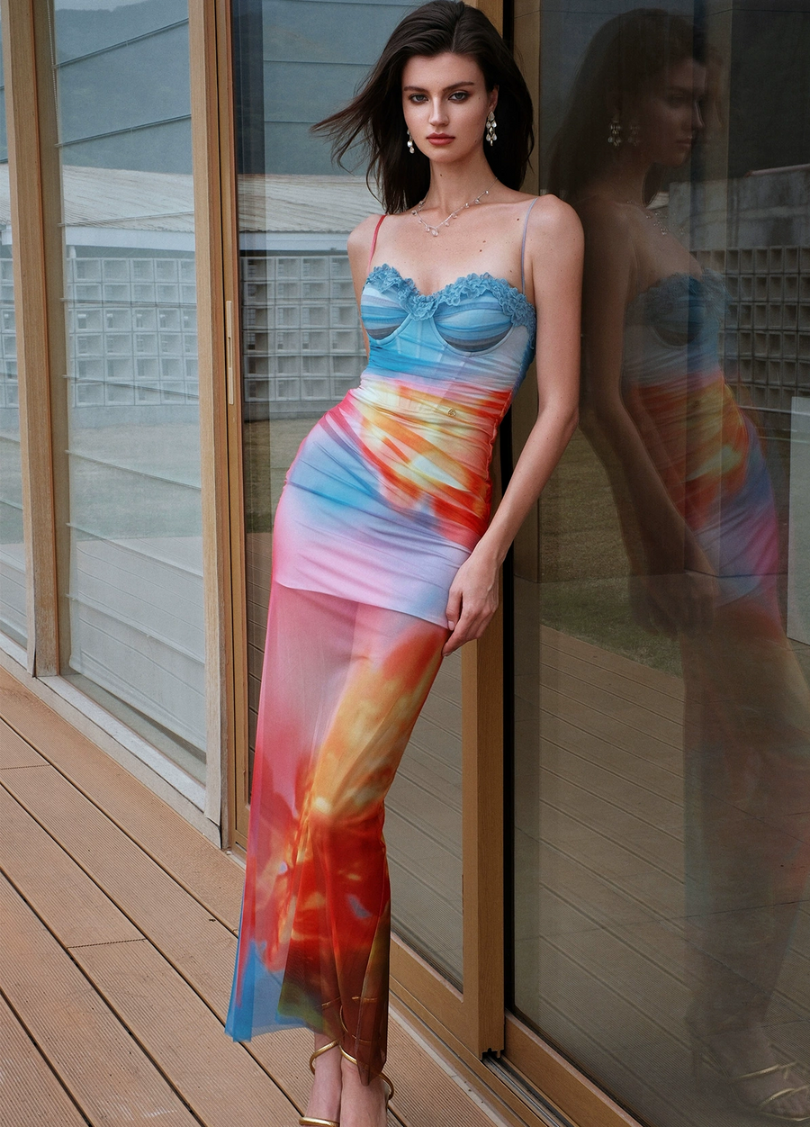 Sheer Luck Floral Mesh Ink Strap Vacation Style Two Piece Fishbone Slimming Dress Long Skirt dress RESSALINA