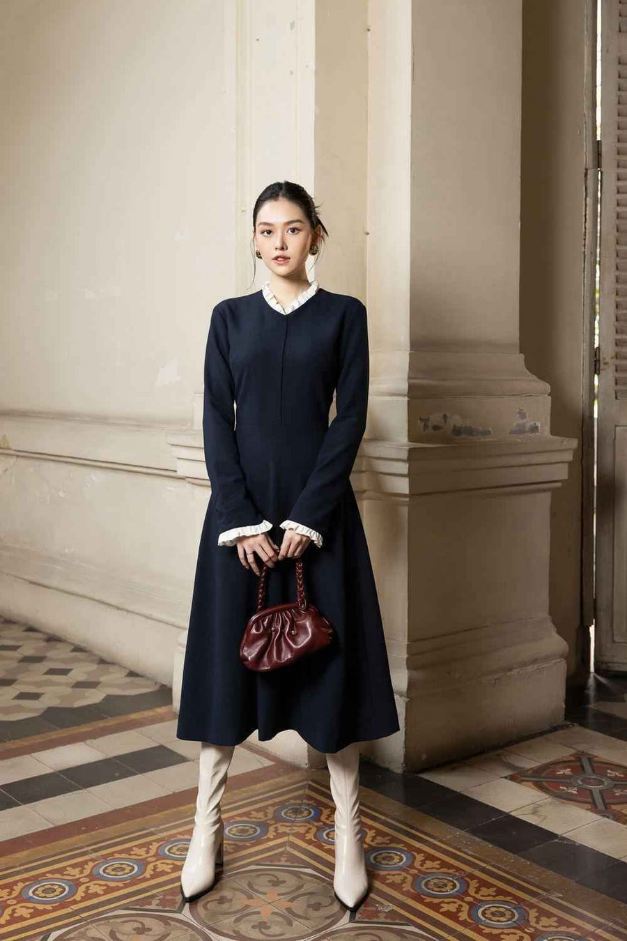 Rylee A-line Long Sleeved Polycotton Midi Dress