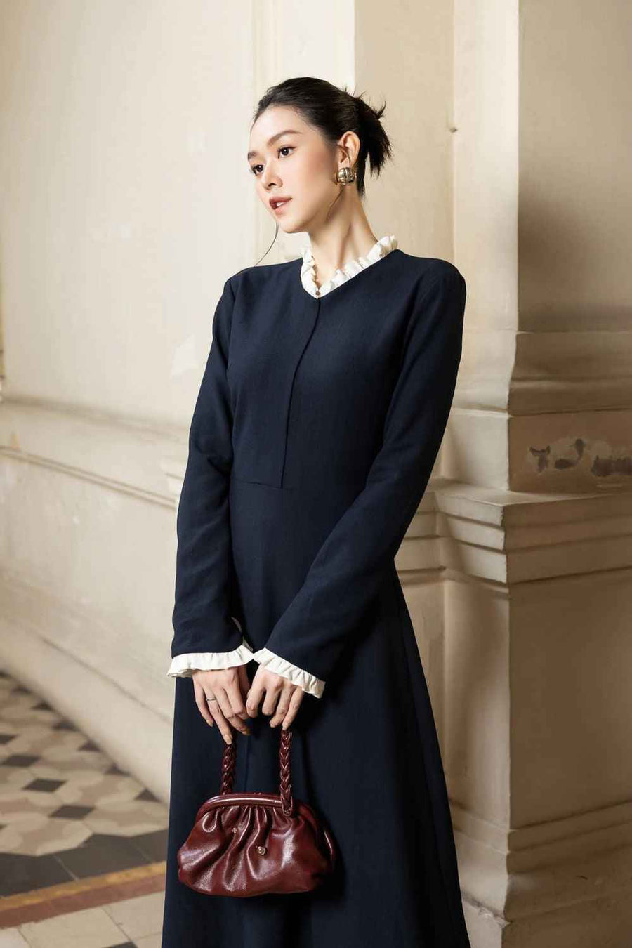 Rylee A-line Long Sleeved Polycotton Midi Dress