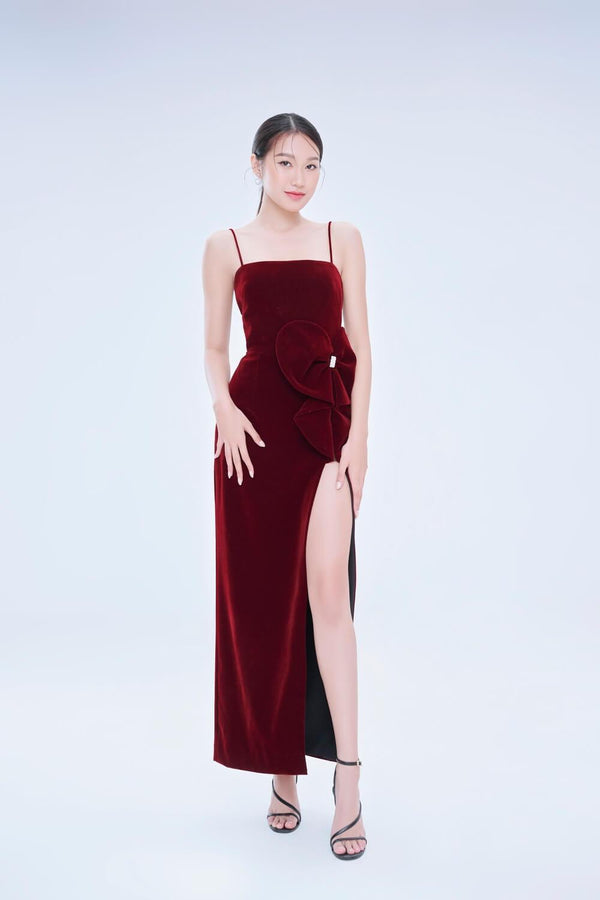 Rylee Slit Spaghetti Strap Velvet Ankle Length Dress