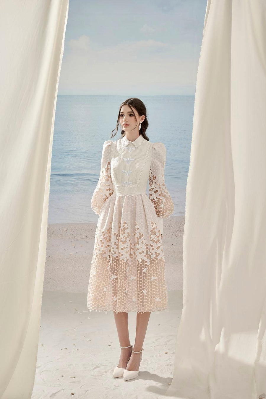 Sadra Dempsey A-line Bishop Sleeved Cotton Lace Midi Dress Midi Dress Rosee de Matin