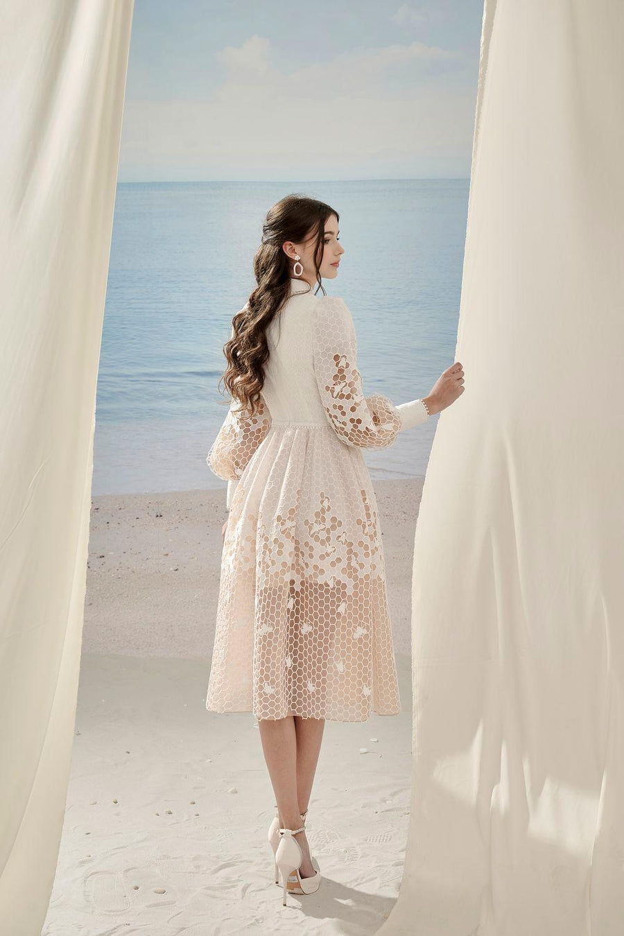 Sadra Dempsey A-line Bishop Sleeved Cotton Lace Midi Dress Midi Dress Rosee de Matin