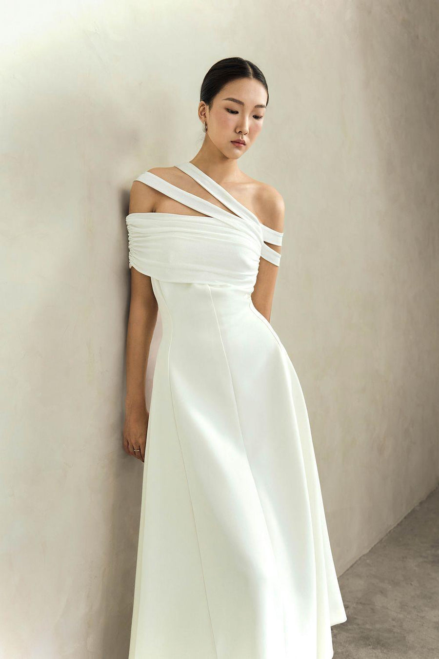 Saffira Asymmetric Off-Shoulder Spandex Ankle Length Dress Maxi Dress Eegen Studio