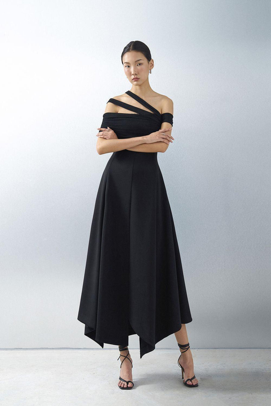 Saffira Asymmetric Off-Shoulder Spandex Ankle Length Dress Black Maxi Dress Eegen Studio