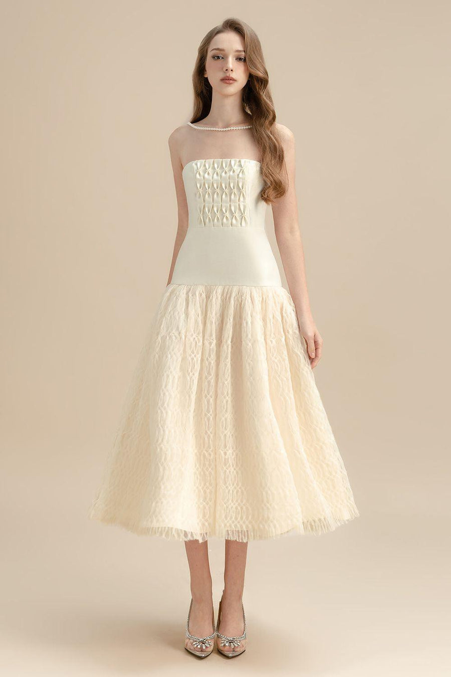 Saffron Drop Waist Straight Across Neck Lace Midi Dress Midi Dress LAMORIS