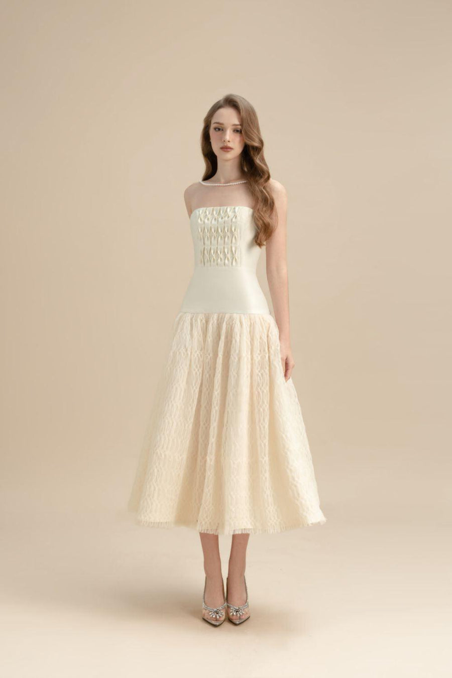 Saffron Drop Waist Straight Across Neck Lace Midi Dress Midi Dress LAMORIS