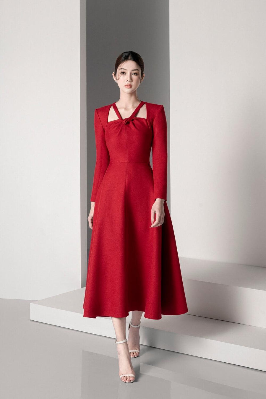 Saika Fit and Flare V-Neck Scuba Midi Dress Midi Dress Delicate