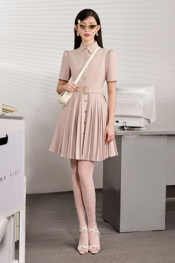 Saikon A-line Pleated Polyester Mini Dress