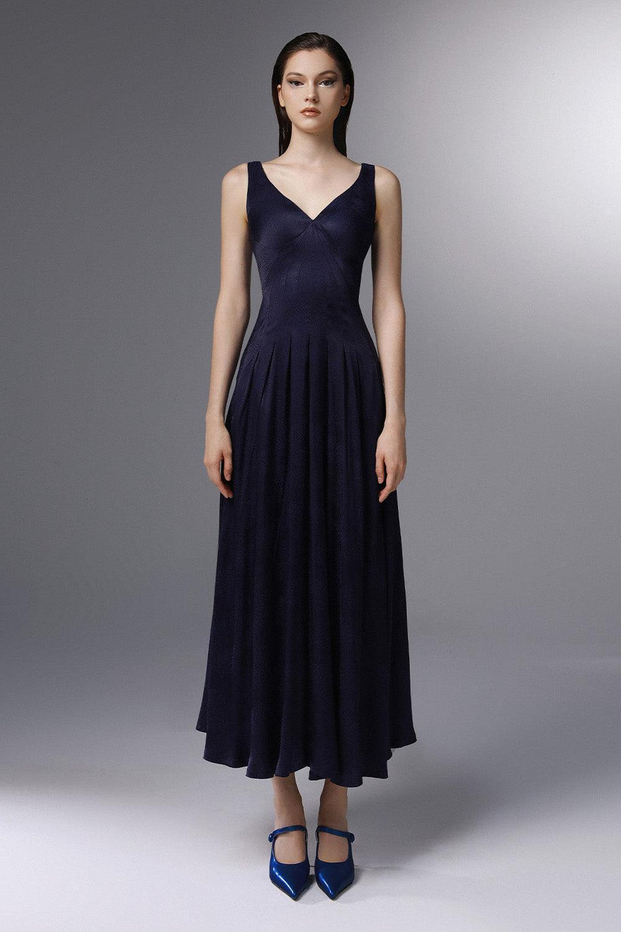 Sail Away Pleated V-Neck Silk Ankle Length Dress 1