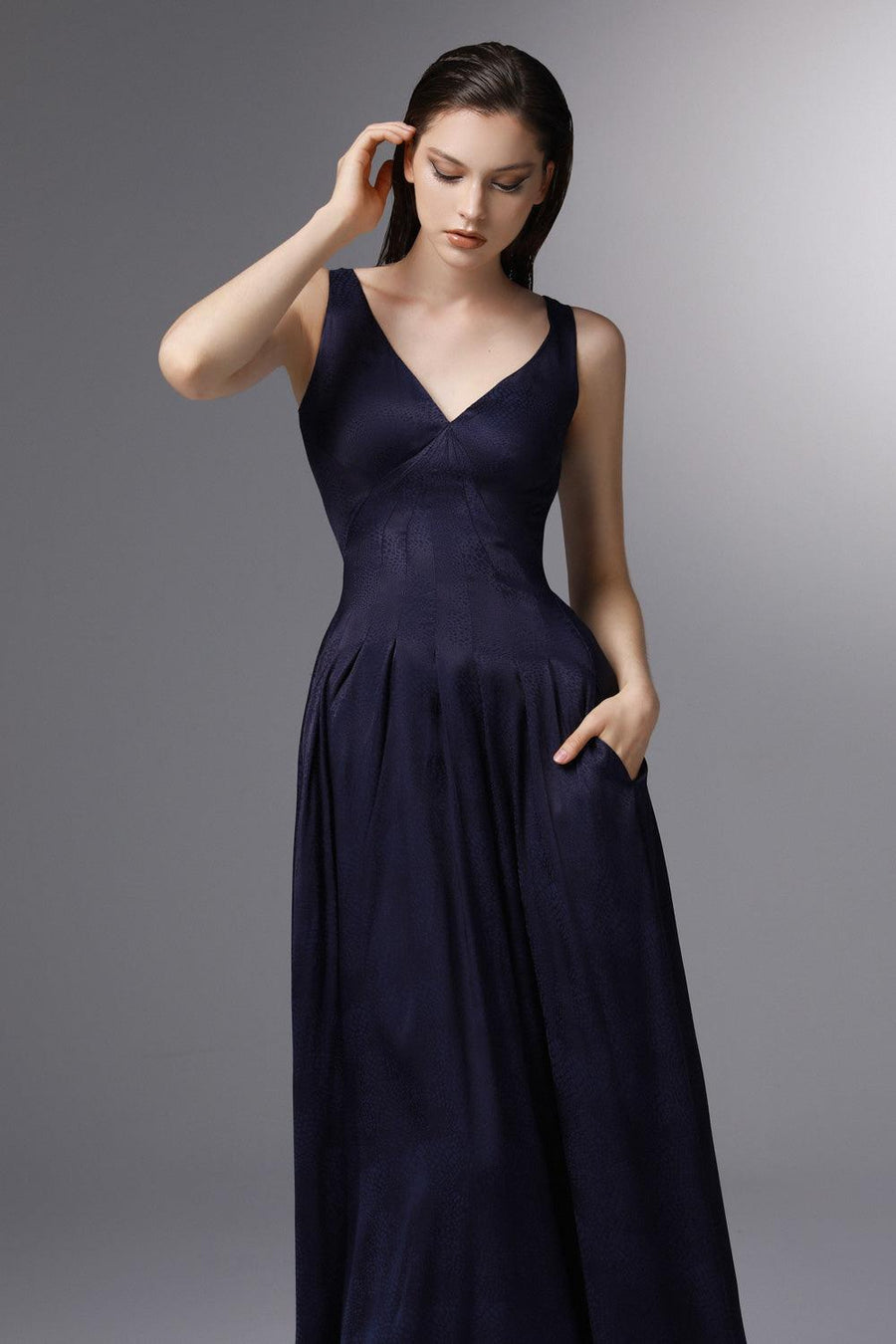 Sail Away Pleated V-Neck Silk Ankle Length Dress 3