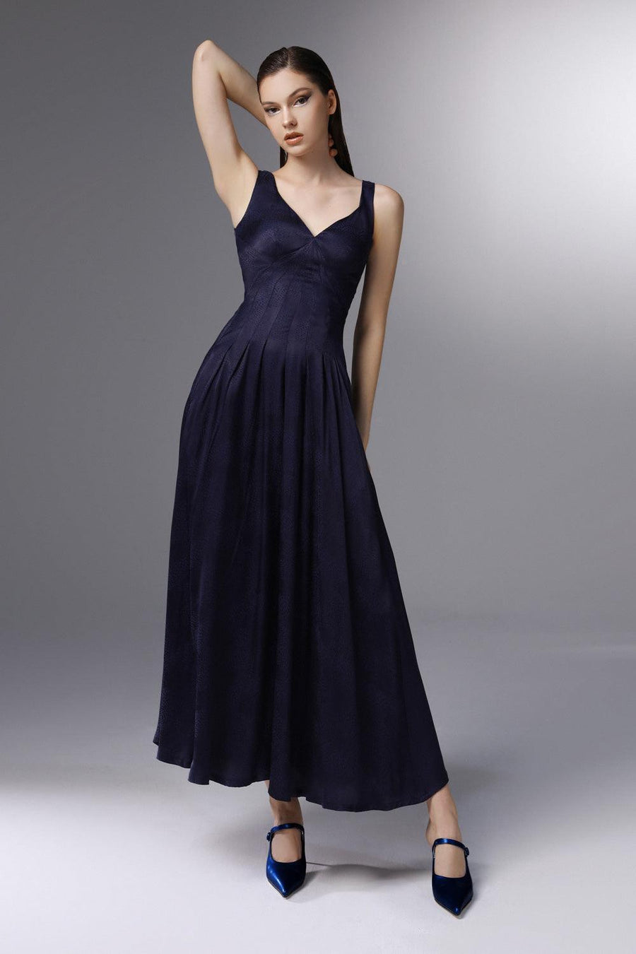 Sail Away Pleated V-Neck Silk Ankle Length Dress 4