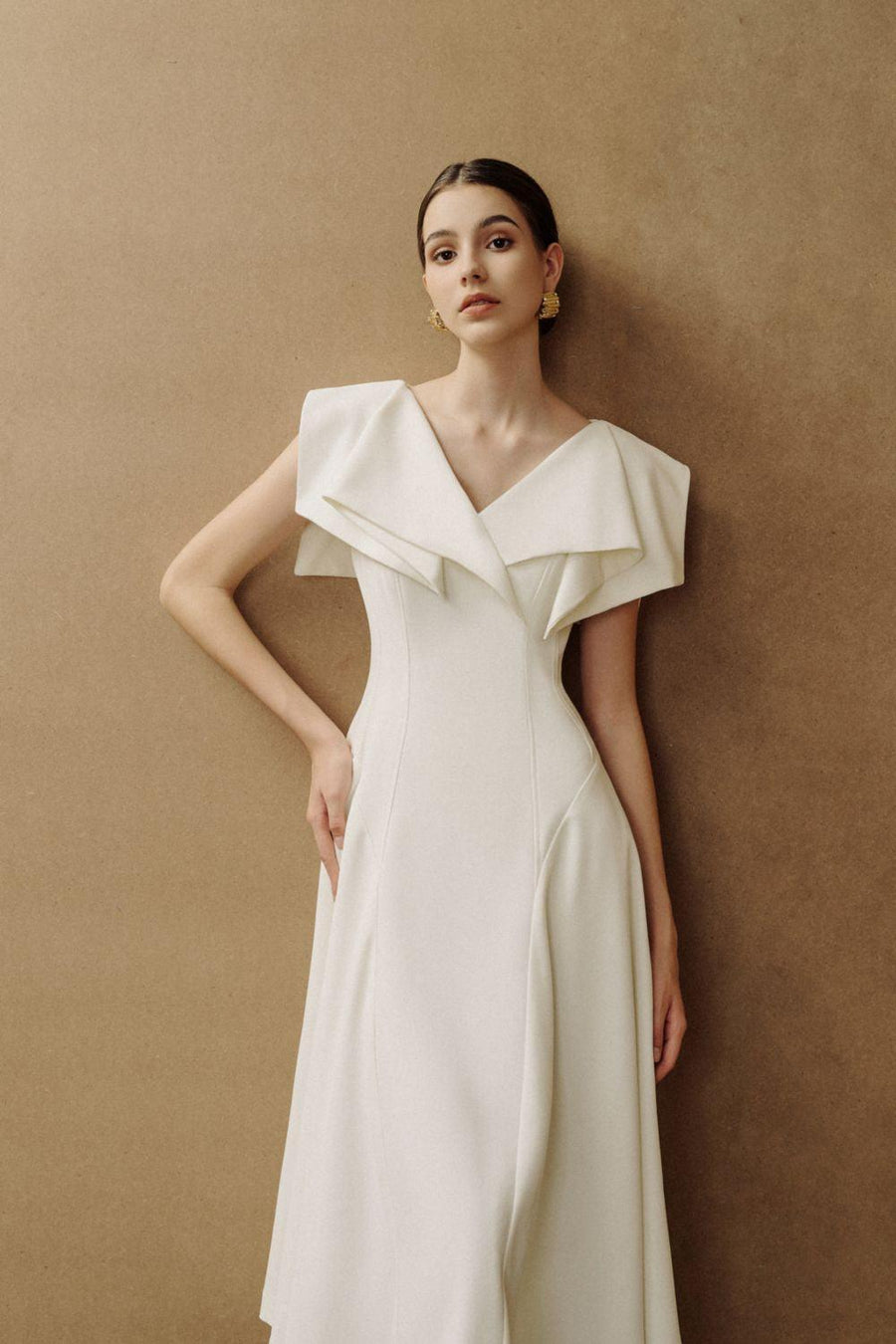 Sailor A-line Cap Sleeved Ribbed Cotton Midi Dress White Midi Dress Eegen Studio