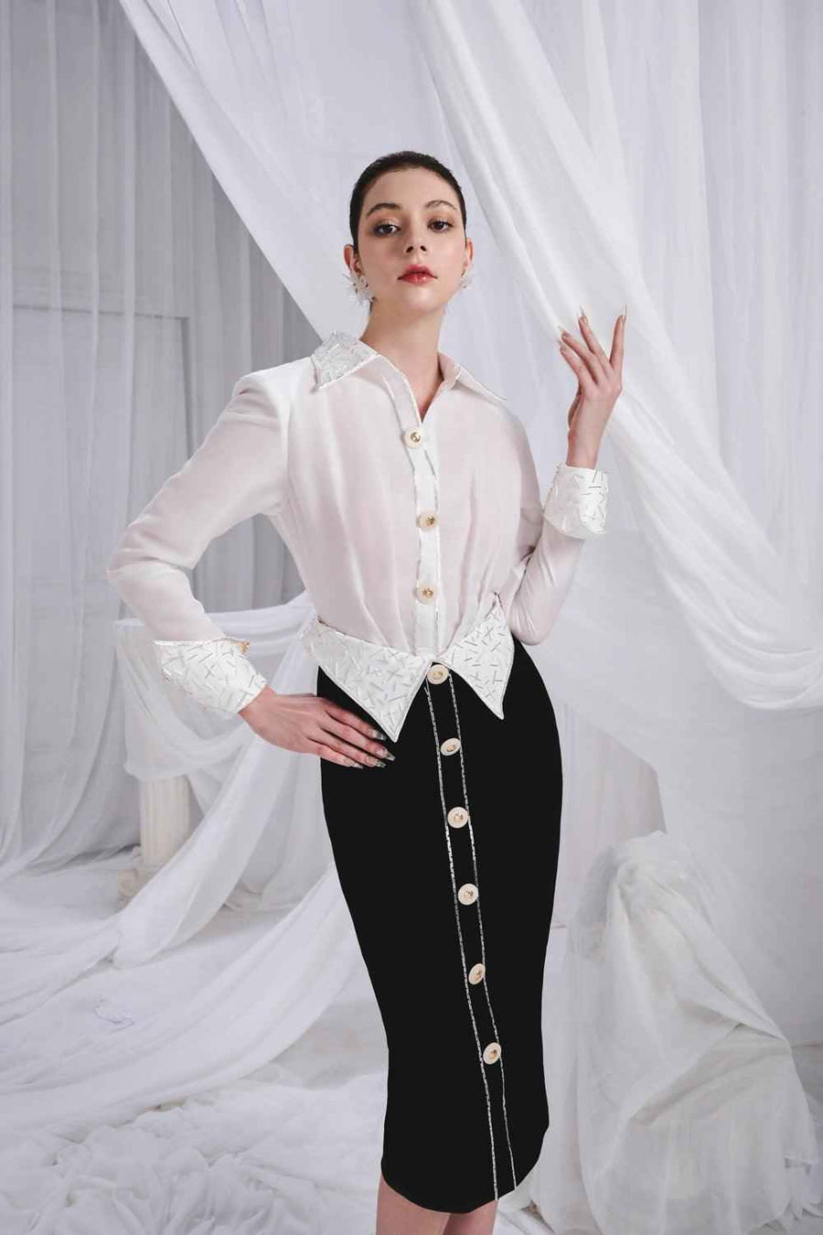 Sampson Sheath Collared Neck Chiffon Midi Dress