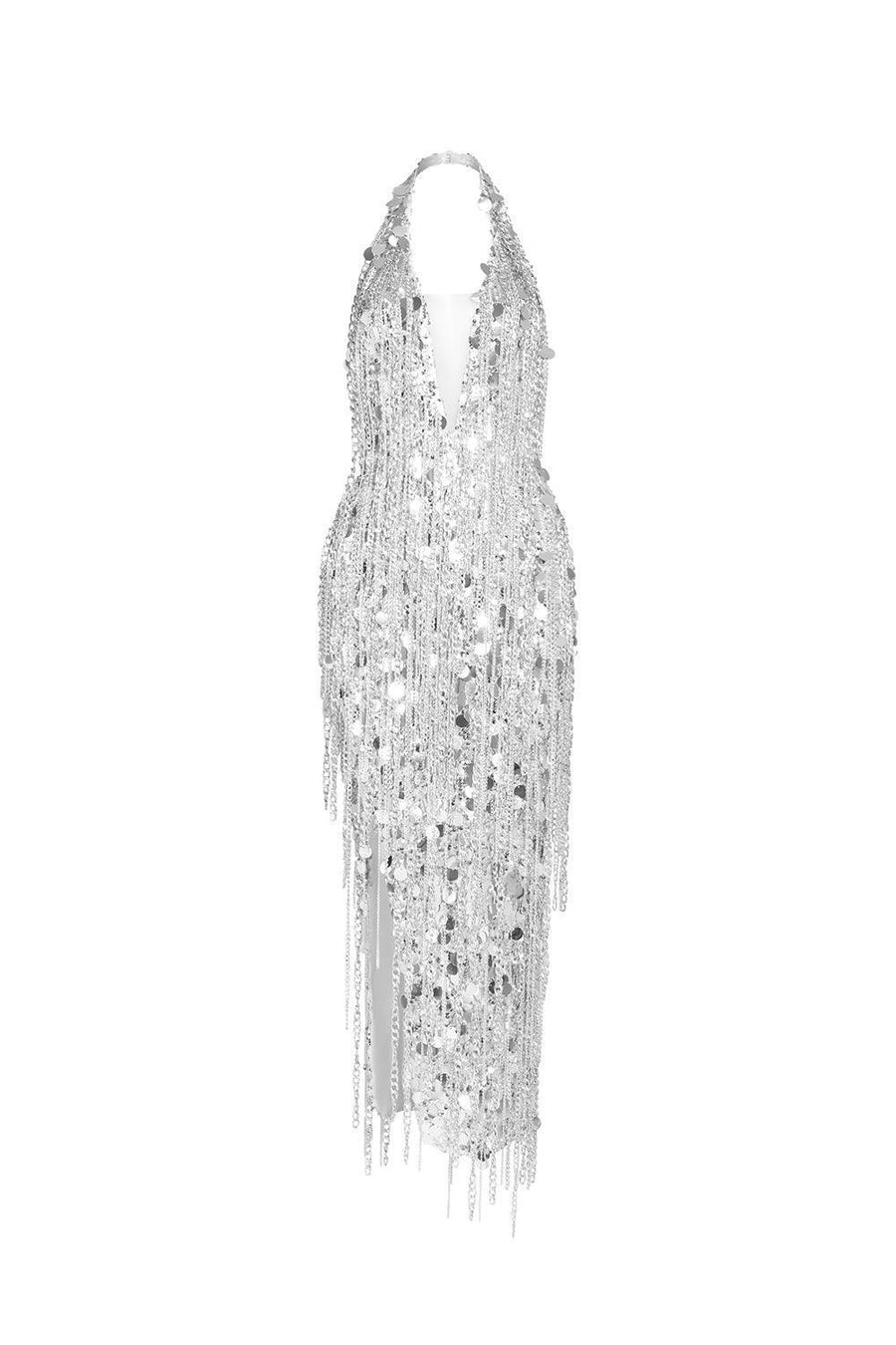 Saoirse Halter Asymmetric Mesh Sequin Ankle Length Dress Maxi Dress LASSY