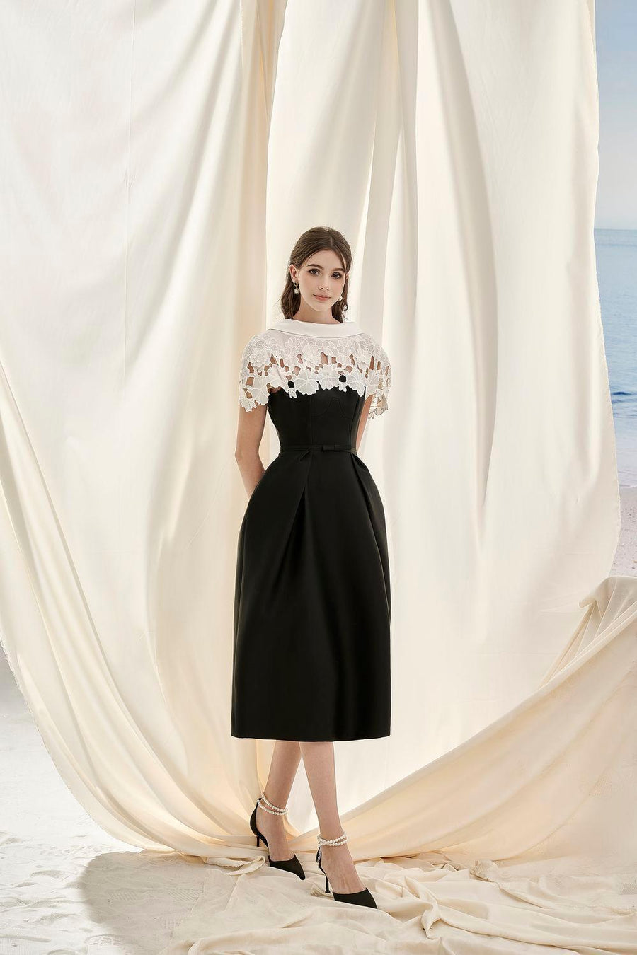 Sarah Florence Sheath Cape Shoulder Taffeta Midi Dress Midi Dress Rosee de Matin